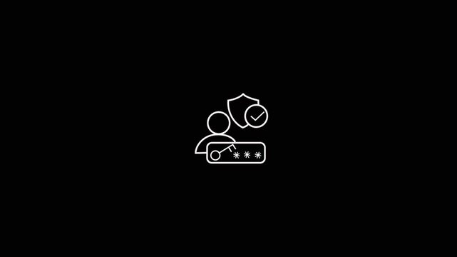 Minimalist white line icon of user security and key authentication a clean art showing a profile protected by shield