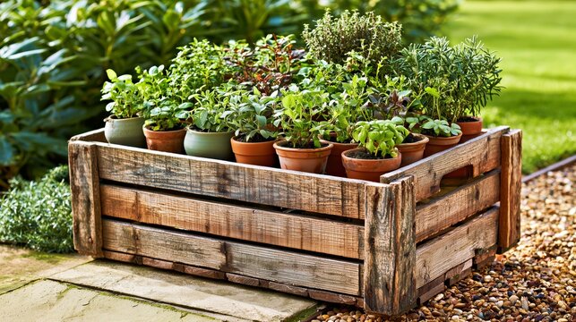Rustic wooden crate herb garden with potted plants for outdoor decor.

