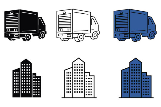 Set of delivery trucks and modern buildings icon illustrations