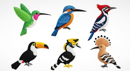 Obraz premium Set of Six Colorful Handmade Felt Bird Illustrations Including Toucan Kingfisher and Hummingbird on White Background