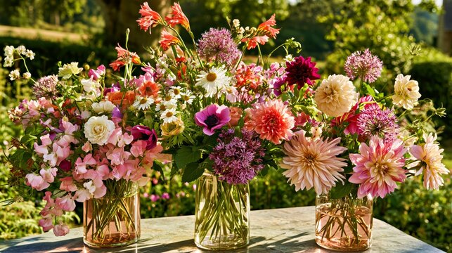 Elegant pastel flower arrangements in glass vases outdoors.

