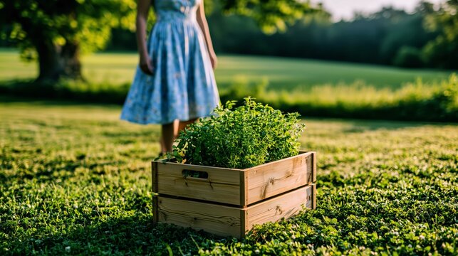 Fresh herb crate on lawn with woman in summer garden.

