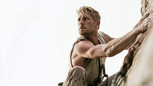 Determined male rock climber ascending steep cliff in bright light.

