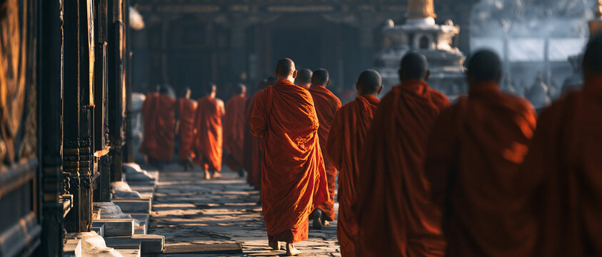 Monks in orange robes during temple procession at sunset with peaceful meditation and prayer on ancient steps