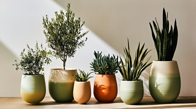 Colorful potted houseplants on shelf for modern interior decor.

