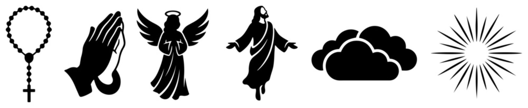 Spiritual christian graphics with praying hands angel and jesus figure in silhouette icon style