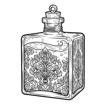 Hand drawn sketch of a potion bottle with a rich woven tapestry pattern isolated on white background.