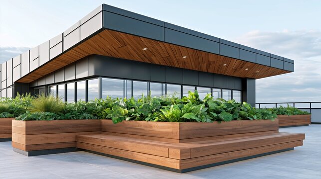 Modern rooftop garden terrace with raised planters and luxury architecture.

