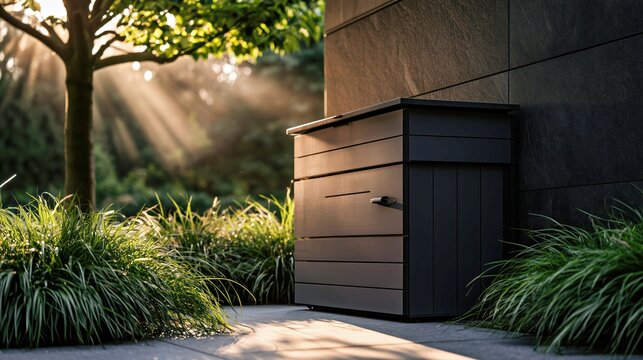 Modern wooden compost bin in sunlit garden for sustainable landscaping.

