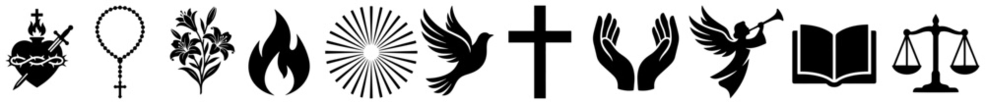 Sacred heart rosary lilies praying hands and christian elements in flat black icon style