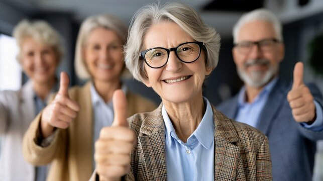 Senior businesswoman leading team with thumbs up in office.

