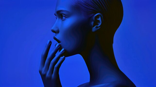 Minimal blue monochrome beauty profile portrait with elegant pose.

