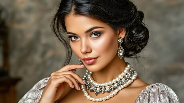 Luxury beauty portrait of elegant woman wearing pearl jewelry.

