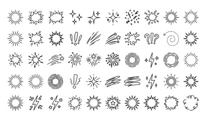 Hand Drawn Sparkle Starburst and Sunburst Doodle Icon Set with Magic Stars Lightning Bolts Fireworks and Cosmic Light Burst Vector Graphic Elements © Ronjina