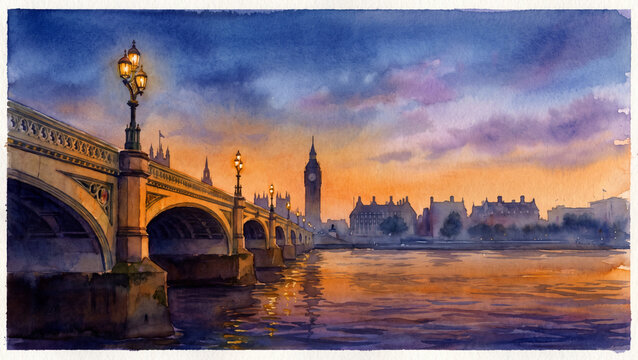 Architectural watercolor of Westminster Bridge archways and historic street lamps looking toward the city at dusk