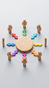 Wooden figures surrounding central wooden circle with directional arrows indicating collaboration and teamwork flow