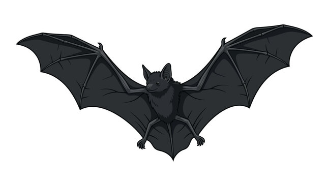 Illustration of a black bat with outstretched wings, depicted in a stylized, front-facing pose against a stark white background.
