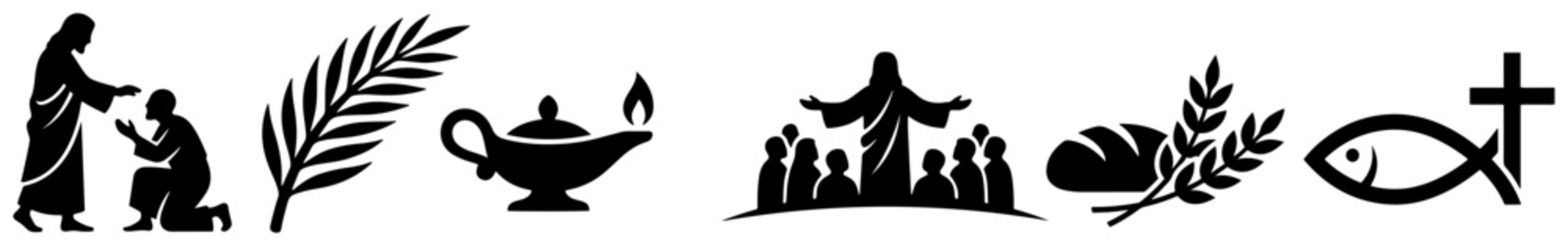 Ministry of Jesus and early Christian symbols set in black silhouette vector style