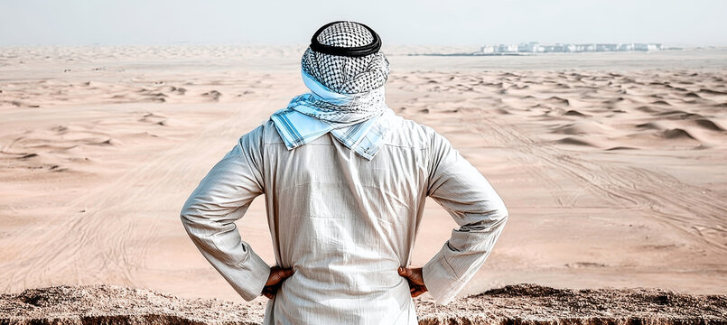 A man in traditional Middle Eastern attire stands on a dune overlooking a vast desert landscape