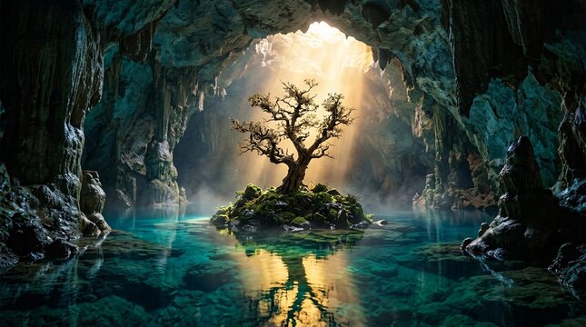 Sunlight rays streaming into magical underground cavern cave with small island hosting twisted old tree over crystal clear blue water pool reflecting bright glow