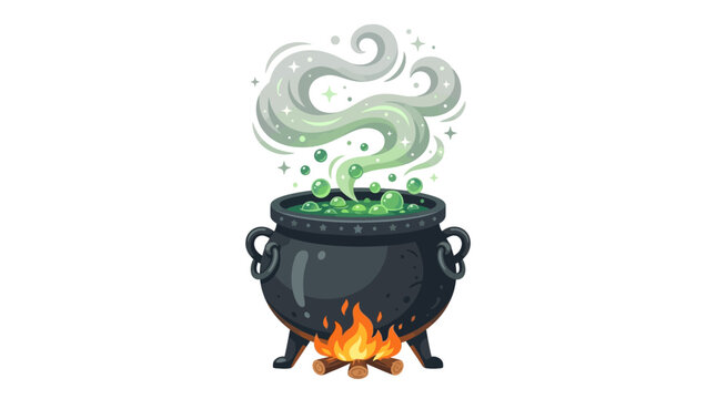 A black cauldron filled with bubbling green liquid and emanating grey smoke sits over a small campfire with orange flames and brown logs on a white background.