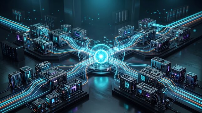 Dynamic blue light network illustration, complex digital data processing infrastructure, secure business technology solution.