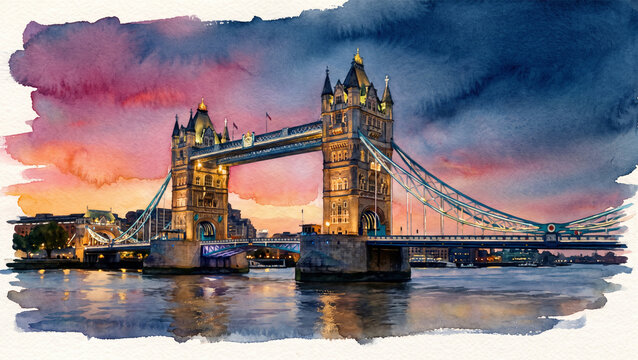 Watercolor painting of Tower Bridge over the River Thames with evening lights and twilight sky