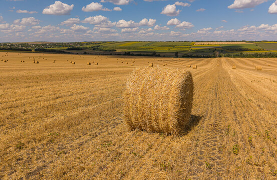 Straw bales on harvested wheat field aerial drone view, agricultural cereal crop and summer harvest concept