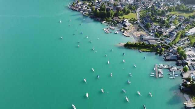 Aerial View of St. Gilgen on Lake Wolfgang with sailing ships in the Salzkammergut Region, Austria