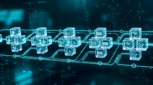 Glowing blue blockchain network visually connecting transparent blocks, representing secure data processing for advanced digital finance applications.