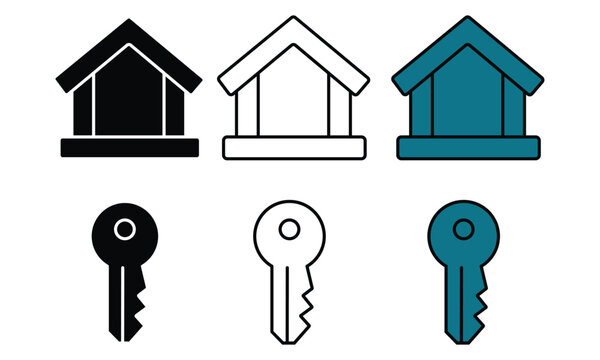 Simple house icons with matching key symbols in three colors