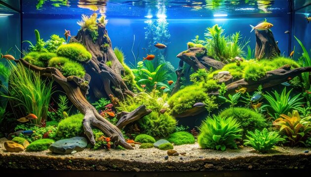 Lush green freshwater aquarium with driftwood and aquatic plants.
