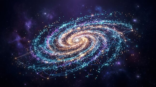 Vibrant cosmic network spiral galaxy illustration featuring glowing interconnected data points against deep space for innovative technology applications.