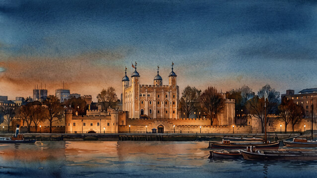 Hand drawn watercolor painting of historic Tower of London castle fortress walls beside calm river water at dusk