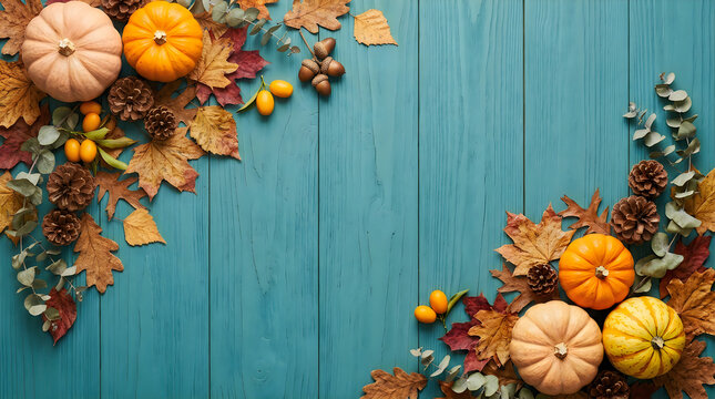 Festive thanksgiving day background with colorful pumpkins and autumn leaves arranged on a rustic blue wooden table surface
