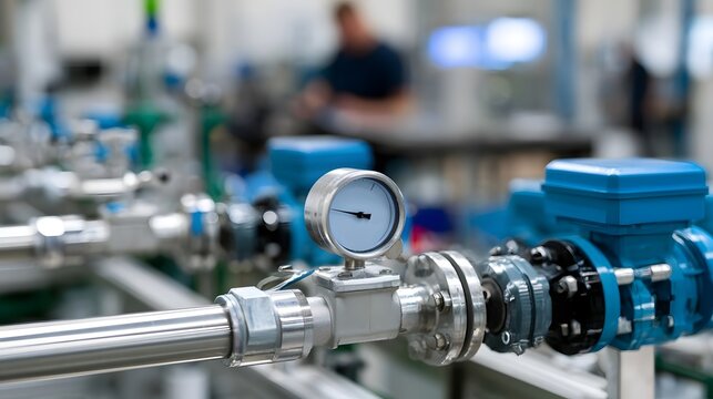 Close up of industrial piping system with pressure gauge and blue control valve in a factory setting