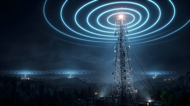 Glowing blue wireless signal emanating futuristic communication tower transmitting global network connectivity dark landscape modern technology solutions.