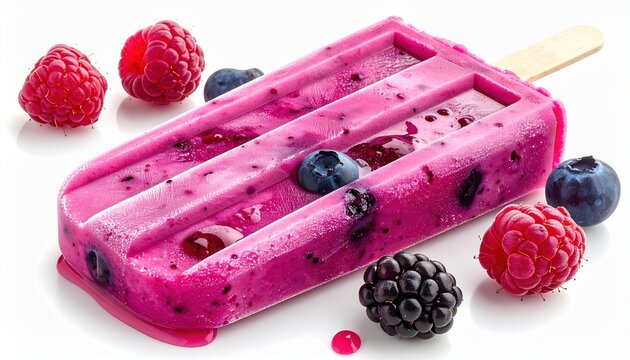 Pink mixed berry popsicle with realistic texture, isolated on white background