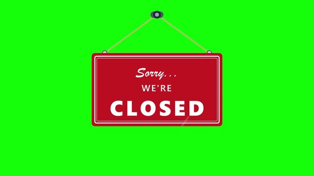 Sorry we're closed hanging sign animation on green screen for retail and business use