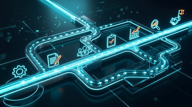 Vibrant blue neon pathways illustrating an interconnected digital business process flow for modern technology solutions.