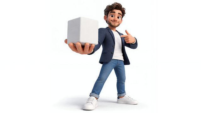 Cute 3D Startup Founder Holding Blank Product Cube