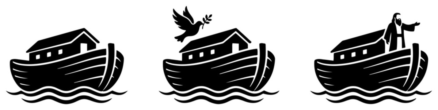 Noahs ark with dove of peace and waves in black silhouette style