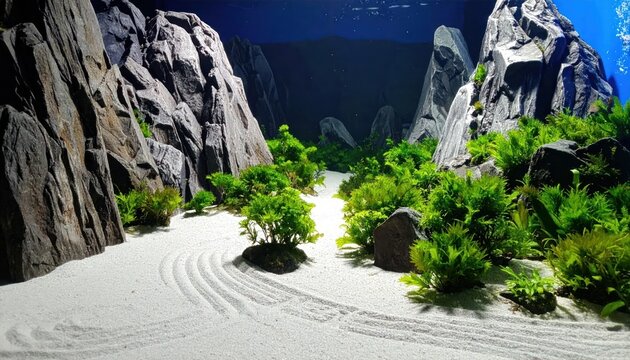 Zen style aquarium aquascape with white sand and rocks.