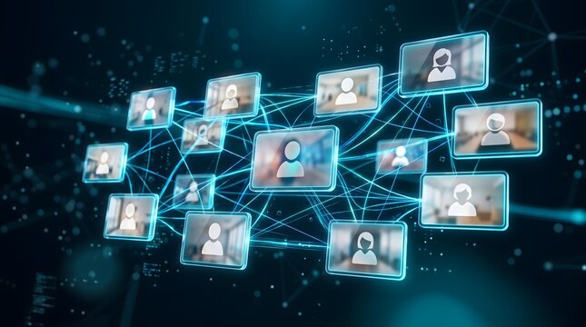 Futuristic global business network connecting diverse users through vibrant blue interconnected floating screens for digital communication.