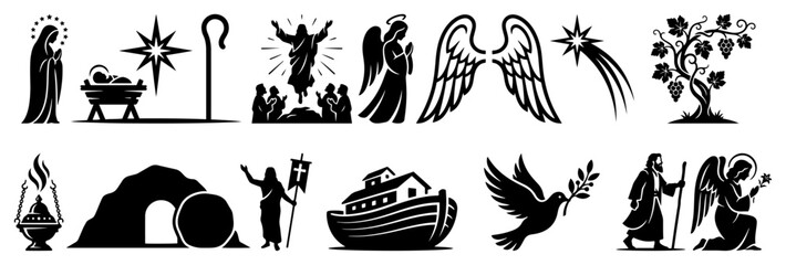 Fototapeta premium Biblical scenes and christian religious symbols featuring nativity resurrection and noahs ark in black flat style