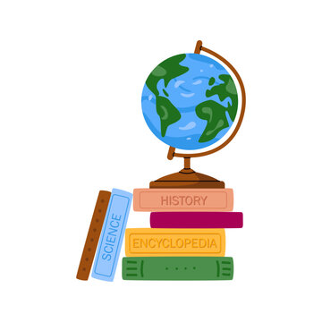 School globe on stack of books isolated on white background. Educational geography vector illustration for learn, travel, classroom prints and world exploration