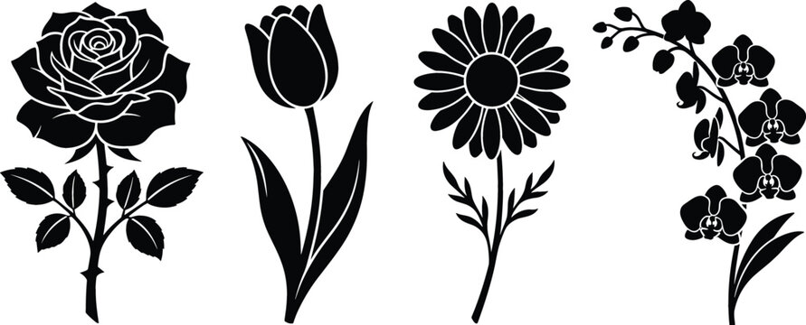 Elegant Flower Silhouette Vector Set Featuring Detailed Blooming Rose, Tulip, Daisy, and Orchid Branch with Stems for Greeting Cards, Floral Logos, and Botanical Textile Patterns