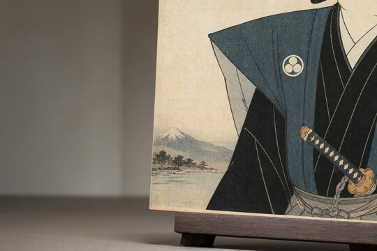 Ukiyo-e woodblock print detail of samurai kamishimo with crest on easel, art display concept