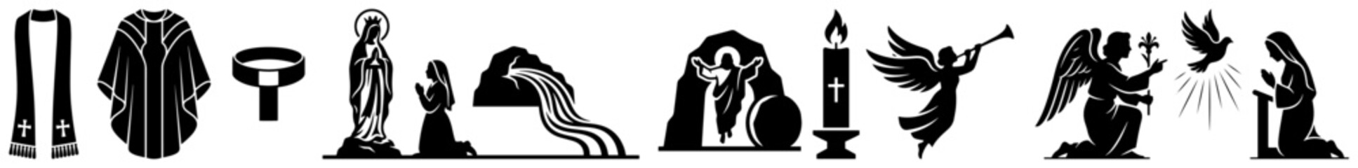 Obraz premium Catholic religious icons and clerical vestments featuring Virgin Mary and annunciation in black flat style