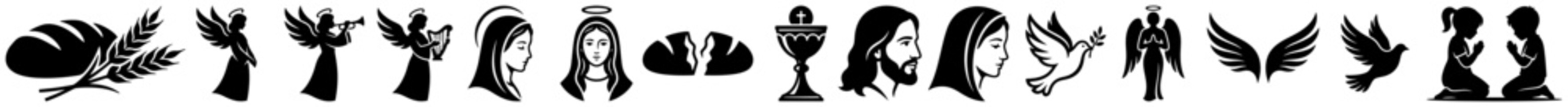 Obraz premium Christian religious icons collection featuring jesus mary angels and eucharist symbols in black silhouette style